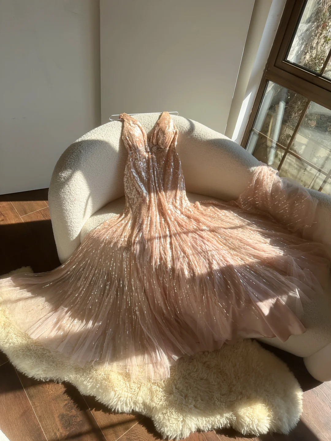 Vintage Champagne Sparkling Sequin Design Romantic Chiffon Evening Dress Prom Dress TP4015