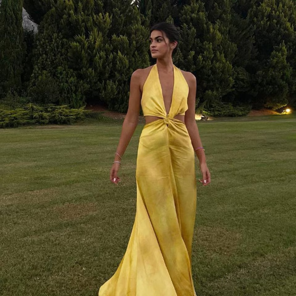 Pretty A line Halter Neckline Long Yellow Prom Dress Evening Dress Formal Dress SD2161