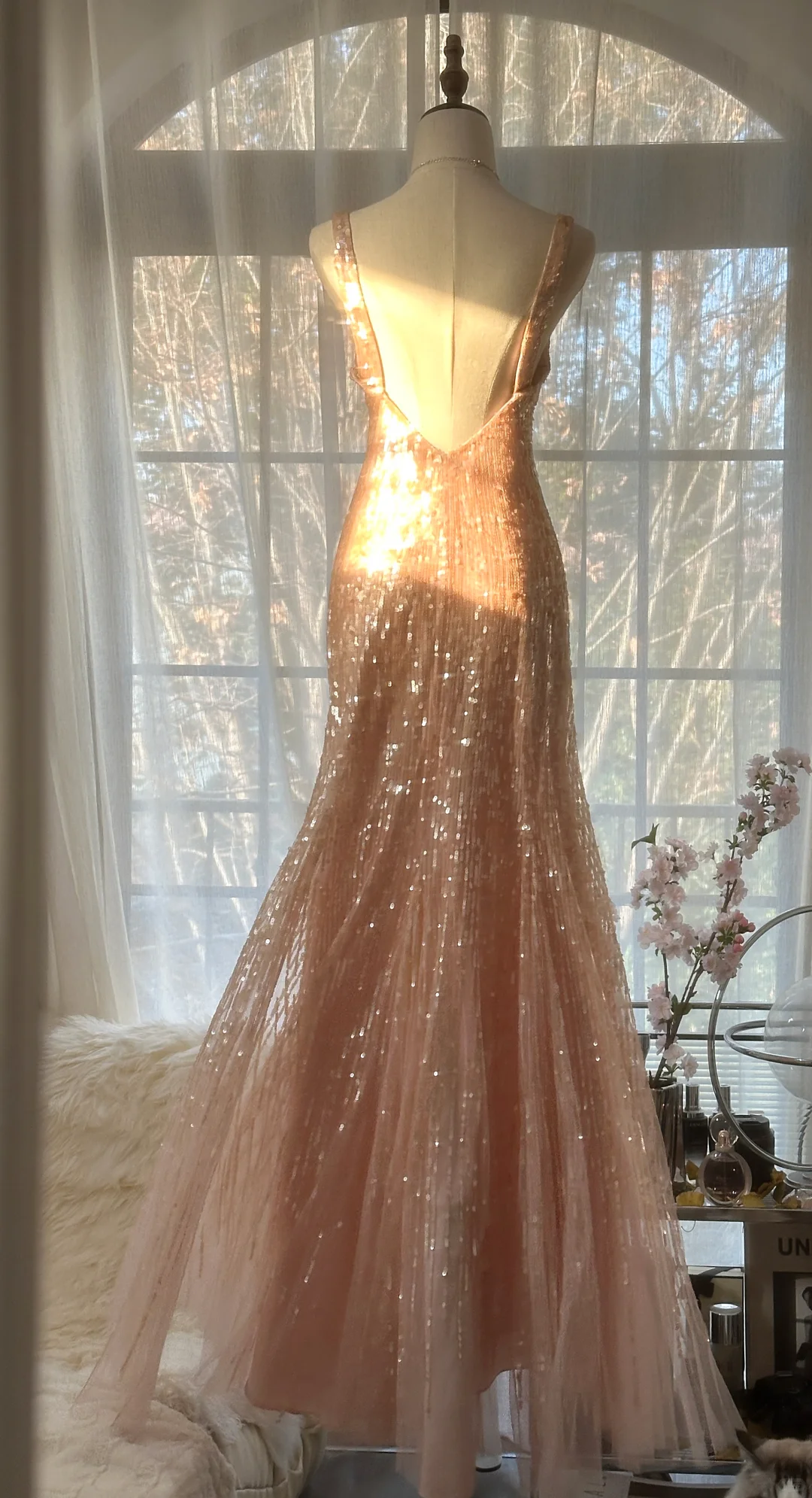 Vintage Champagne Sparkling Sequin Design Romantic Chiffon Evening Dress Prom Dress TP4015