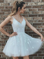 White lace v neck tulle short prom dress, white tulle lace homecoming dress