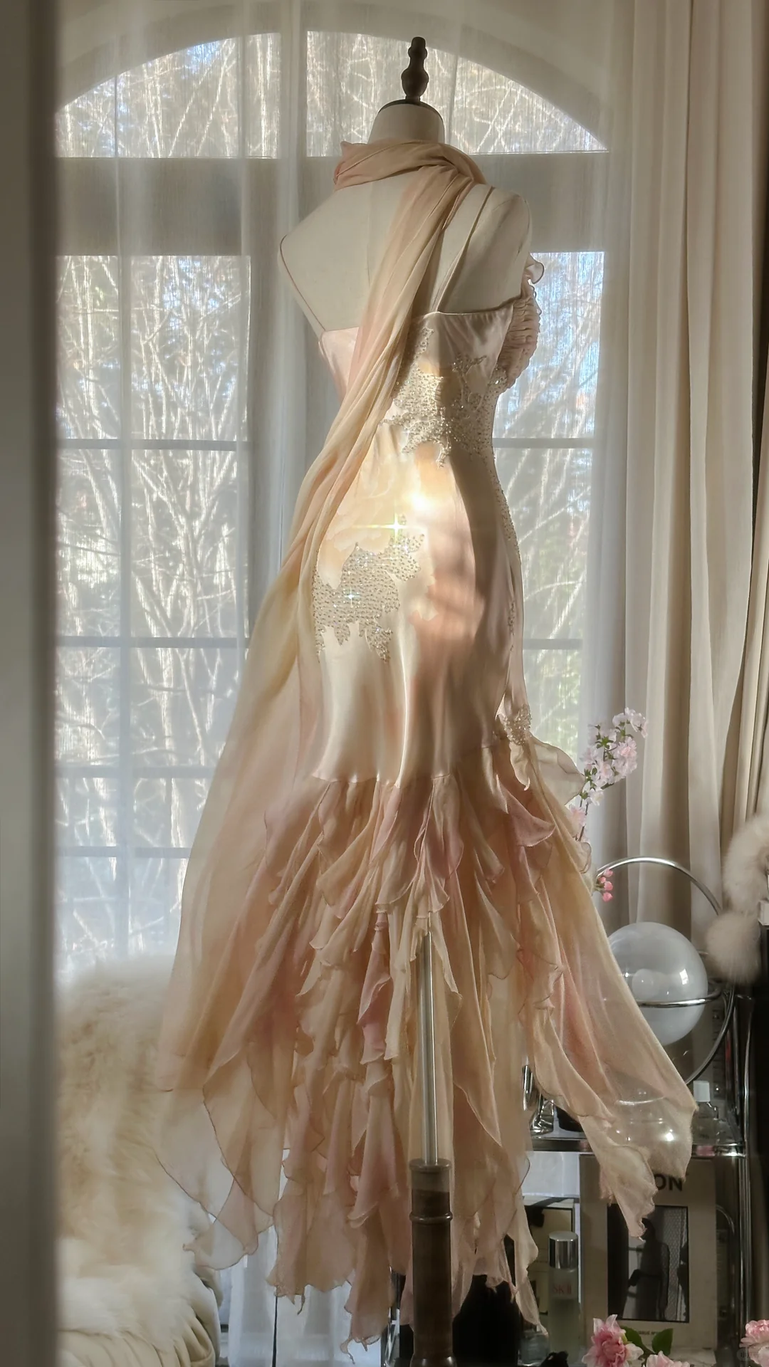 Vintage Mermaid Beaded Floral Design Romantic Chiffon Evening Dress Prom Dress TP4014