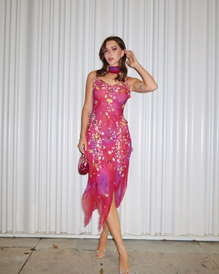 Pretty Pink Spaghetti Straps Pink V Neck Chiffon Beaded Appliques Mermaid Party Dress Evening Dress D1143