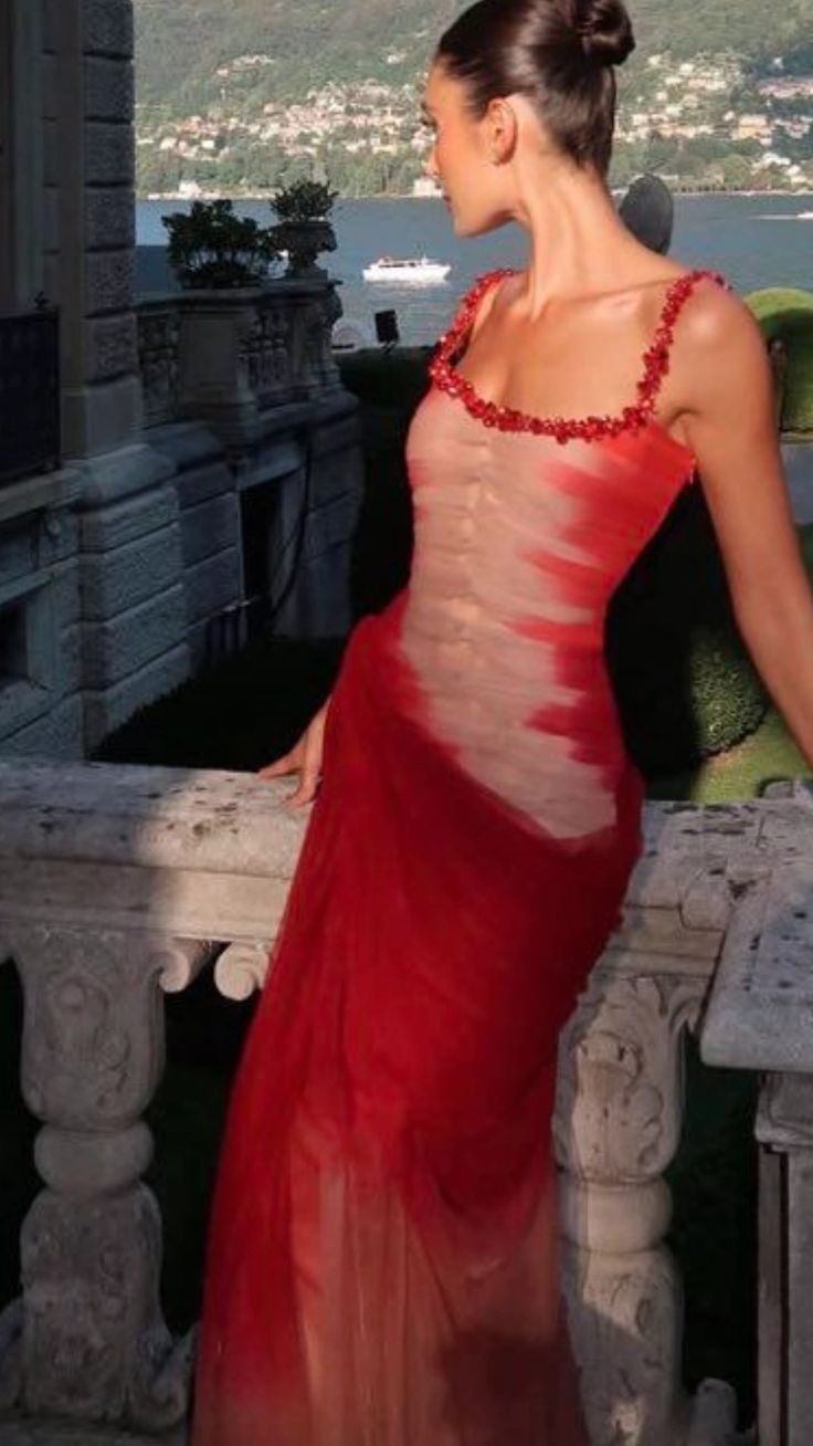 Charming Spaghetti Straps Ombre Red Tulle Beaded Mermaid Evening Dress Formal Long Party Gown D838