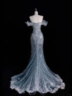 ____ilver Blue Luxurious Heavy Industry Sparkling Gorgeous Elegant Exquisite Beading Stunning Long Mermaid Dress Sequin Floor Length Trailing Prom Dress Evening Dress Wedding Dress gh4114