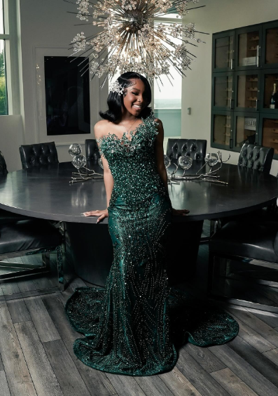 Luxury One Shoulder Satin Beaded Evening Dress Emerald Green Mermaid Prom Dress S204