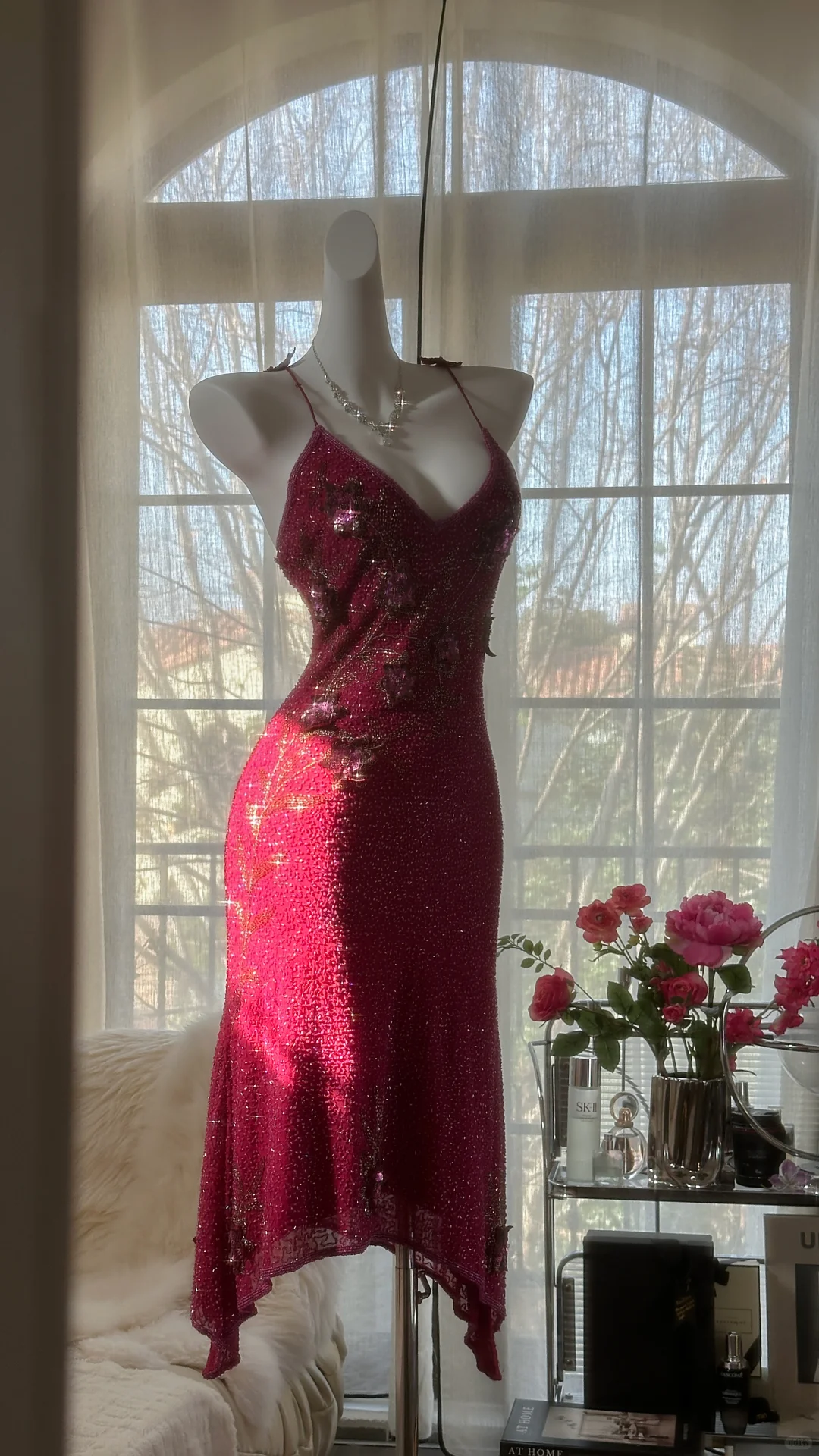 Vintage Shiny Sequin Rose Red Backless Design A-line Romantic Chiffon Evening Dress Prom Dress TP4008