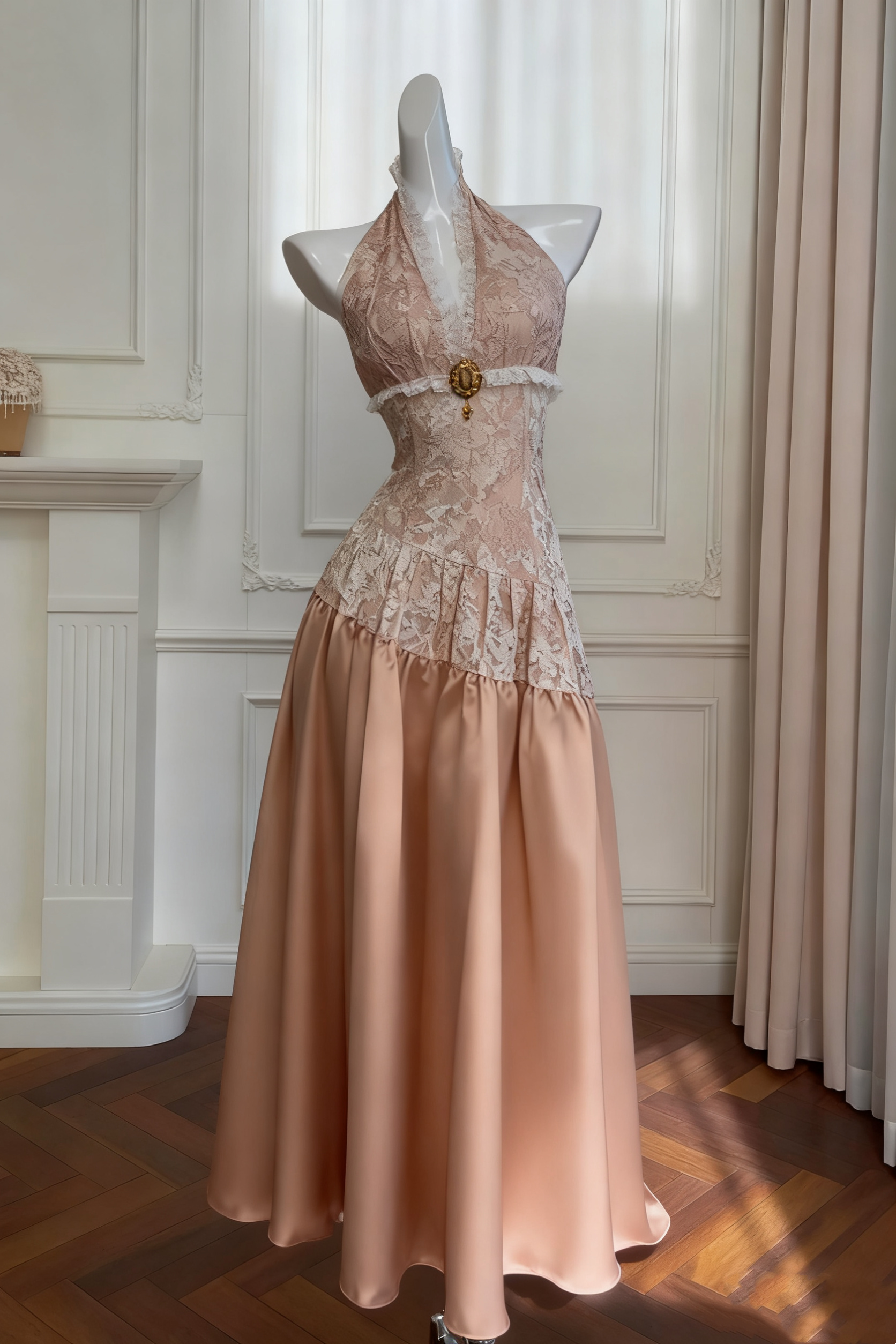 uschichubs-Vintage Lace Jacquard Halter Evening Dress, Long Sleeveless Elegant Party Gown gh5902