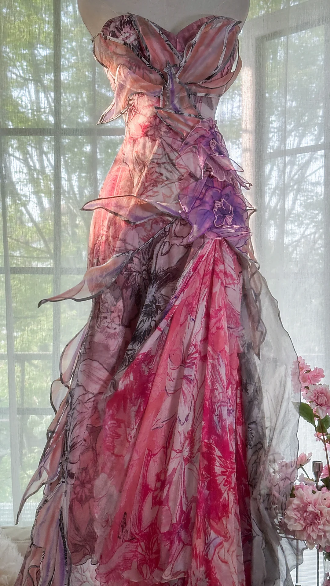 Vintage Floral Sweetheart Strapless Design A-line Romantic Chiffon Evening Dress Prom Dress TP4009