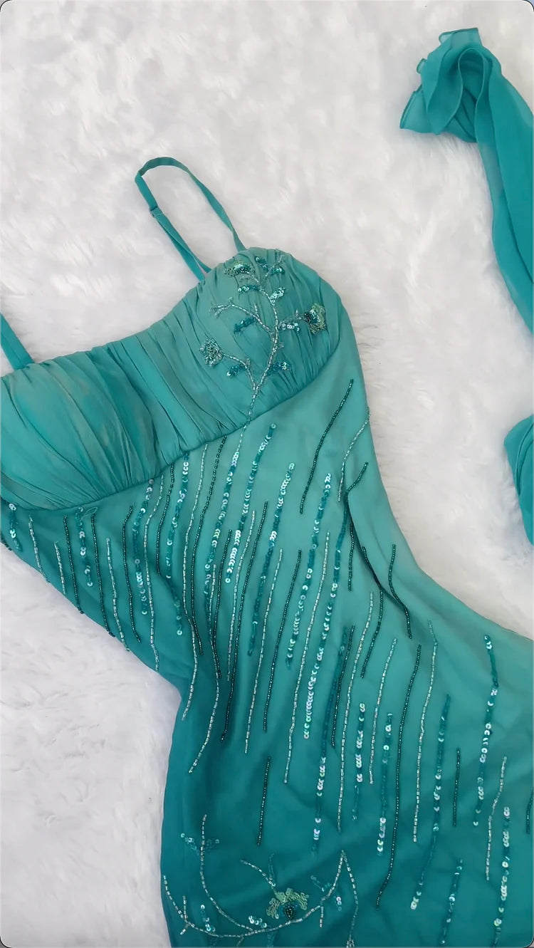 uschichubs-Teal Gradient Sling Gown, Sequin Embroidered Mermaid Dress with Matching  Scarf Evening Gown gh6002