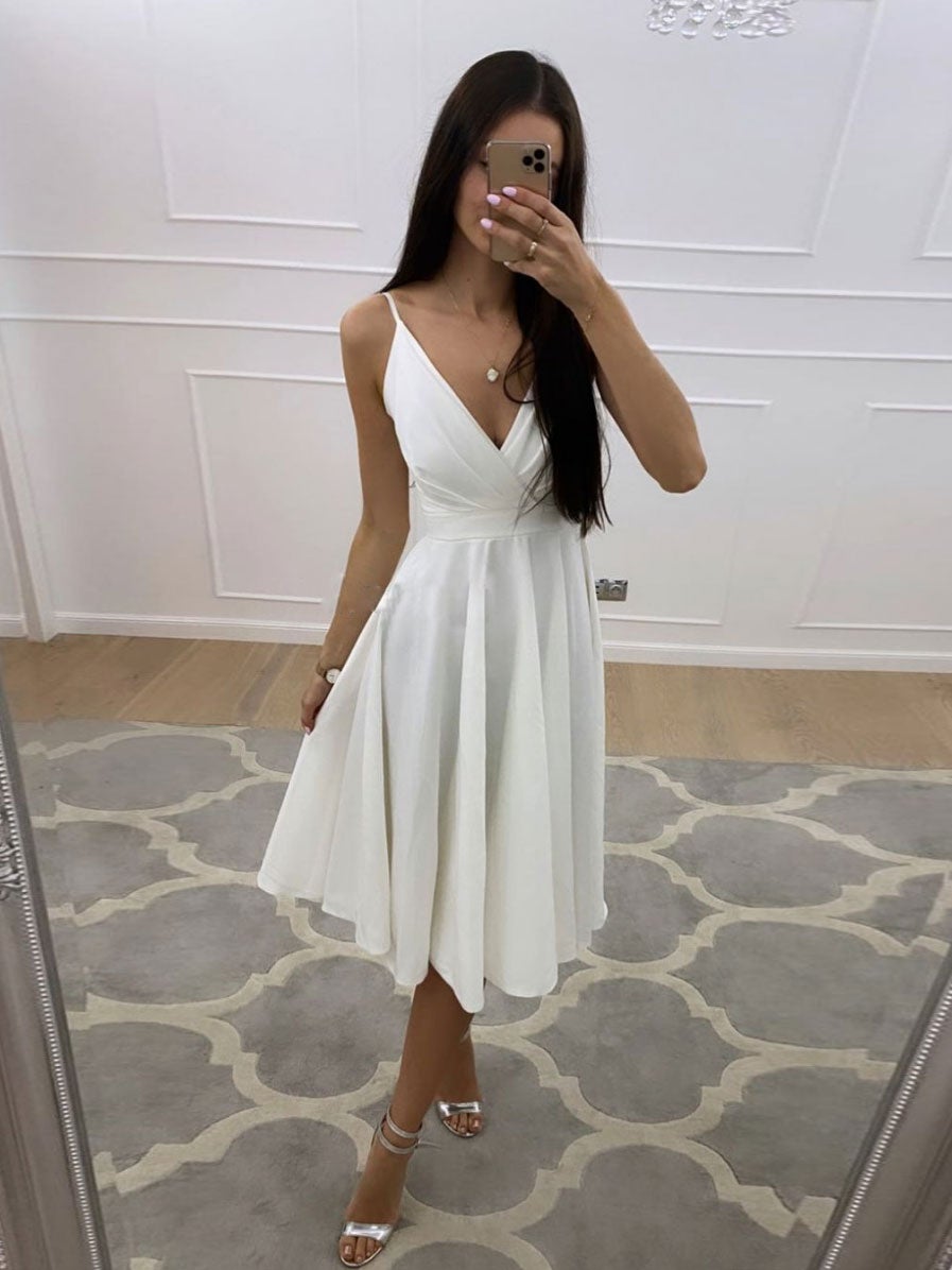 Simple white v neck short prom dress, white homecoming dress