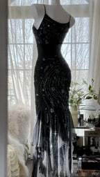 Black Shiny Luxury Gorgeous Exquisite Beaded Long Mermaid Mermaid Dress Chiffon Fairy Ball Dress Evening Dress Wedding Guest Party Dress Prom Dress Date Dress Graduation Dress gh3992