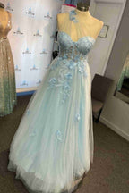 Sweetheart One Shoulder Blue Prom Dress with Flowers       fg4501