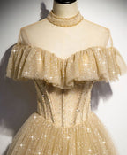 Gold Tulle Sequin Long Prom Dress, Gold Tulle Bridesmaid Dress    fg4089