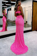 Charming Glitter Mermaid V Neck Hot Pink Sequins Prom Dresses with Slit         fg4298