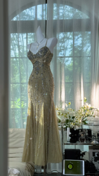 Vintage Shiny Light Green Spaghetti Strap Elegant Design A-line Beaded Romantic Chiffon Evening Dress Prom Dress TP4005