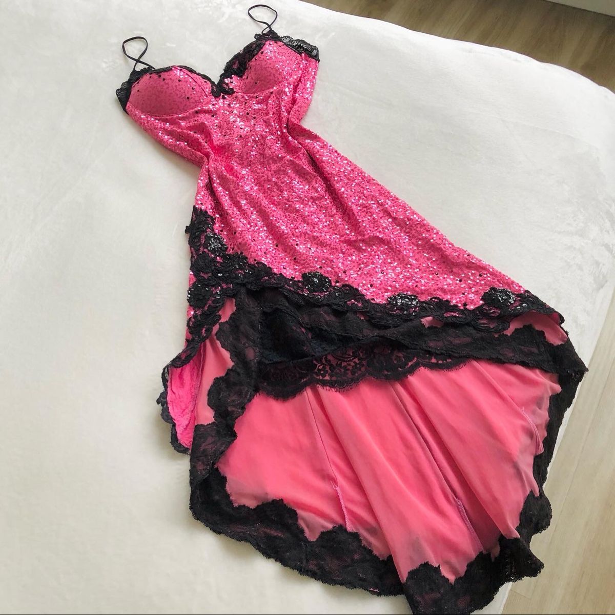 uschichubs-Pink Glitter Lace Spaghetti Strap Short Chiffon Sequin Homecoming Dress Party Gown gh5007