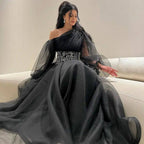 Black Elegant Gowns Evening,Long Sleeve Beaded Waist Formal Dresses