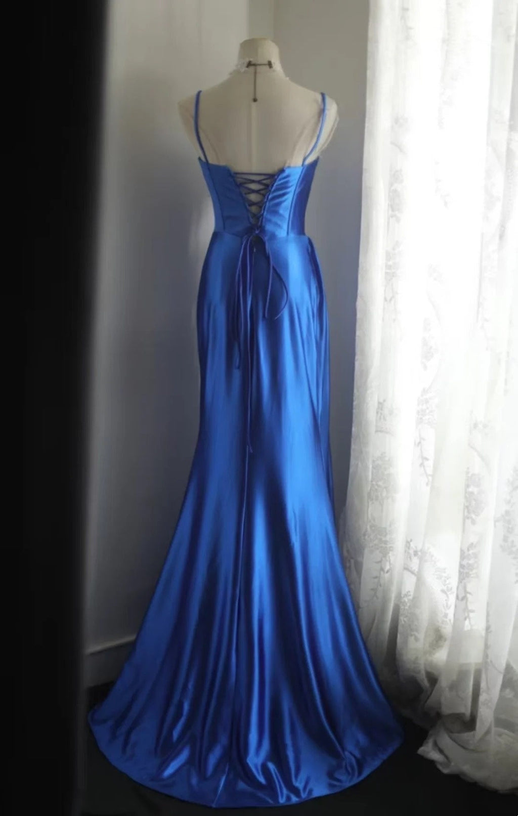 uschichubs-Sleeveless Royal Blue Satin Mermaid Dress, Retro Elegant Slim - fitting Floor - length Evening Gown  gh5828