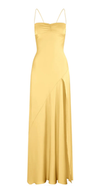 Sexy A line Spaghetti Straps Yellow Party Dress Slit Prom Dress P842