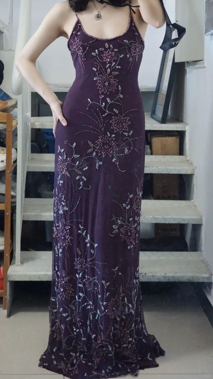 Beaded Purple Spaghetti Straps Long Prom Dress Sexy 21st Birthday Outfit fg8227