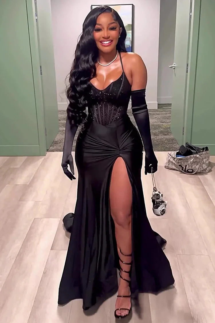 Black Evening Dress Long Prom Dress With Gloves        fg6982