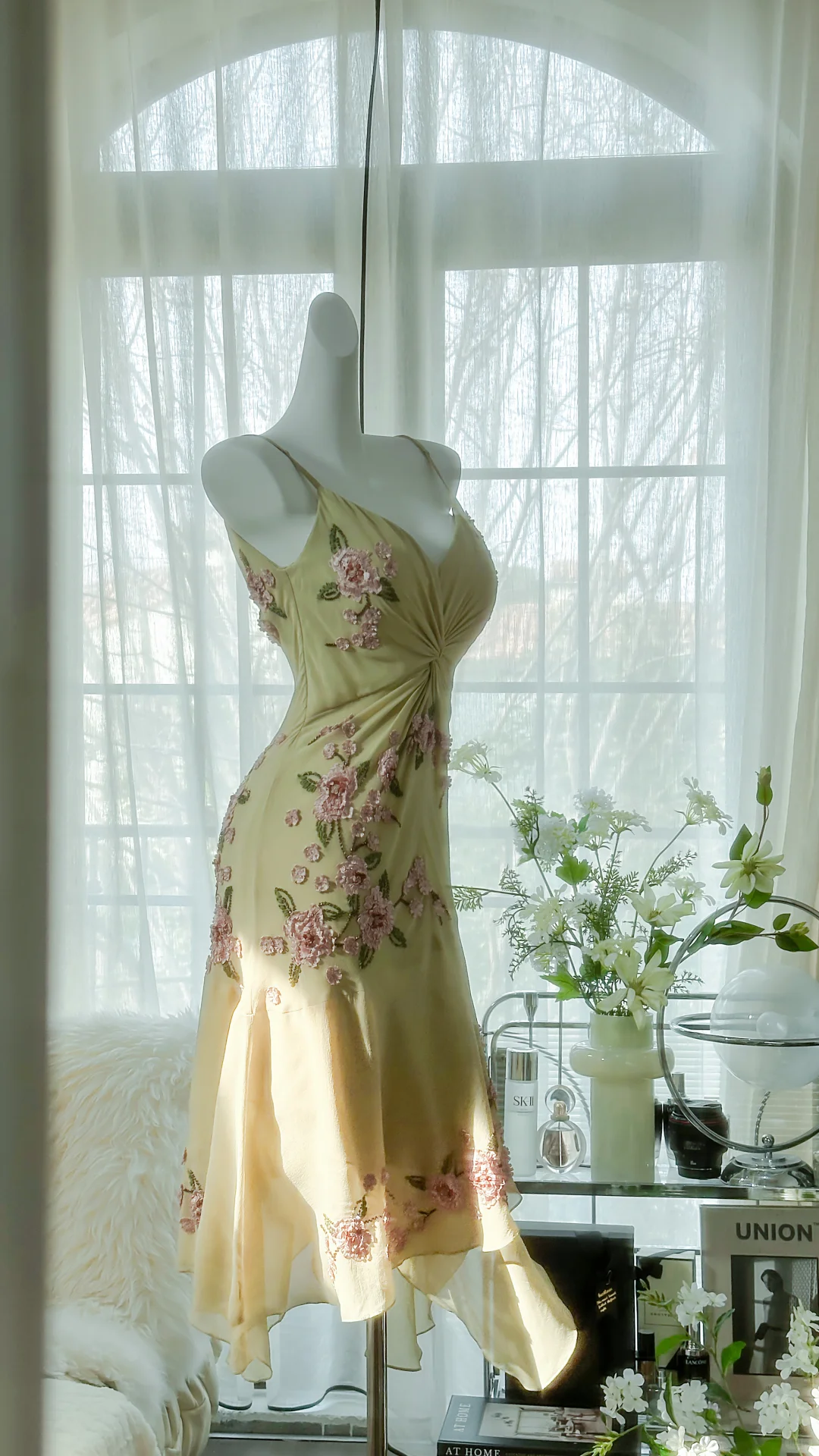 Vintage Light Green Spaghetti Strap Floral Design A-line Romantic Chiffon Evening Dress Prom Dress TP4006