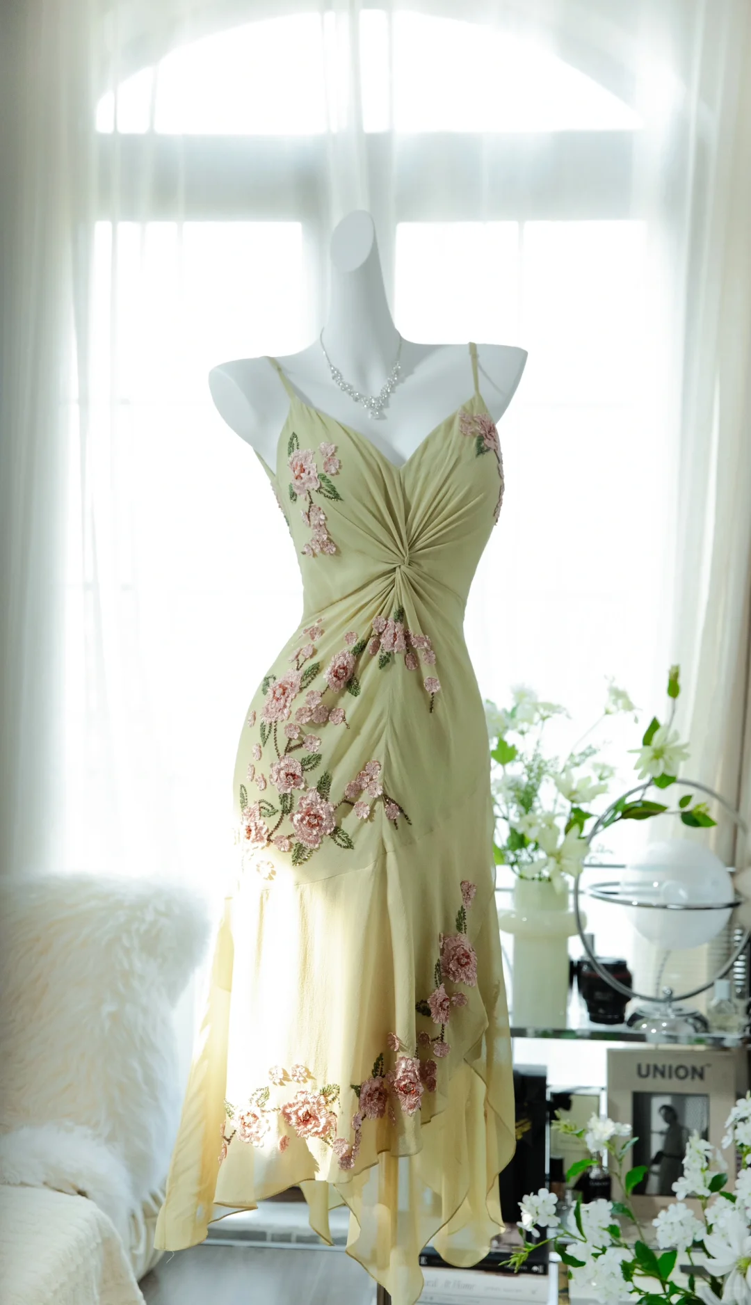 Vintage Light Green Spaghetti Strap Floral Design A-line Romantic Chiffon Evening Dress Prom Dress TP4006
