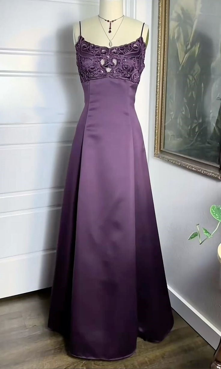 (out of stock)Purple Vintage Fashion Elegant Exquisite Beaded Long Spaghetti Strap Satin prom dress Evening Dress Party Dress gh3676