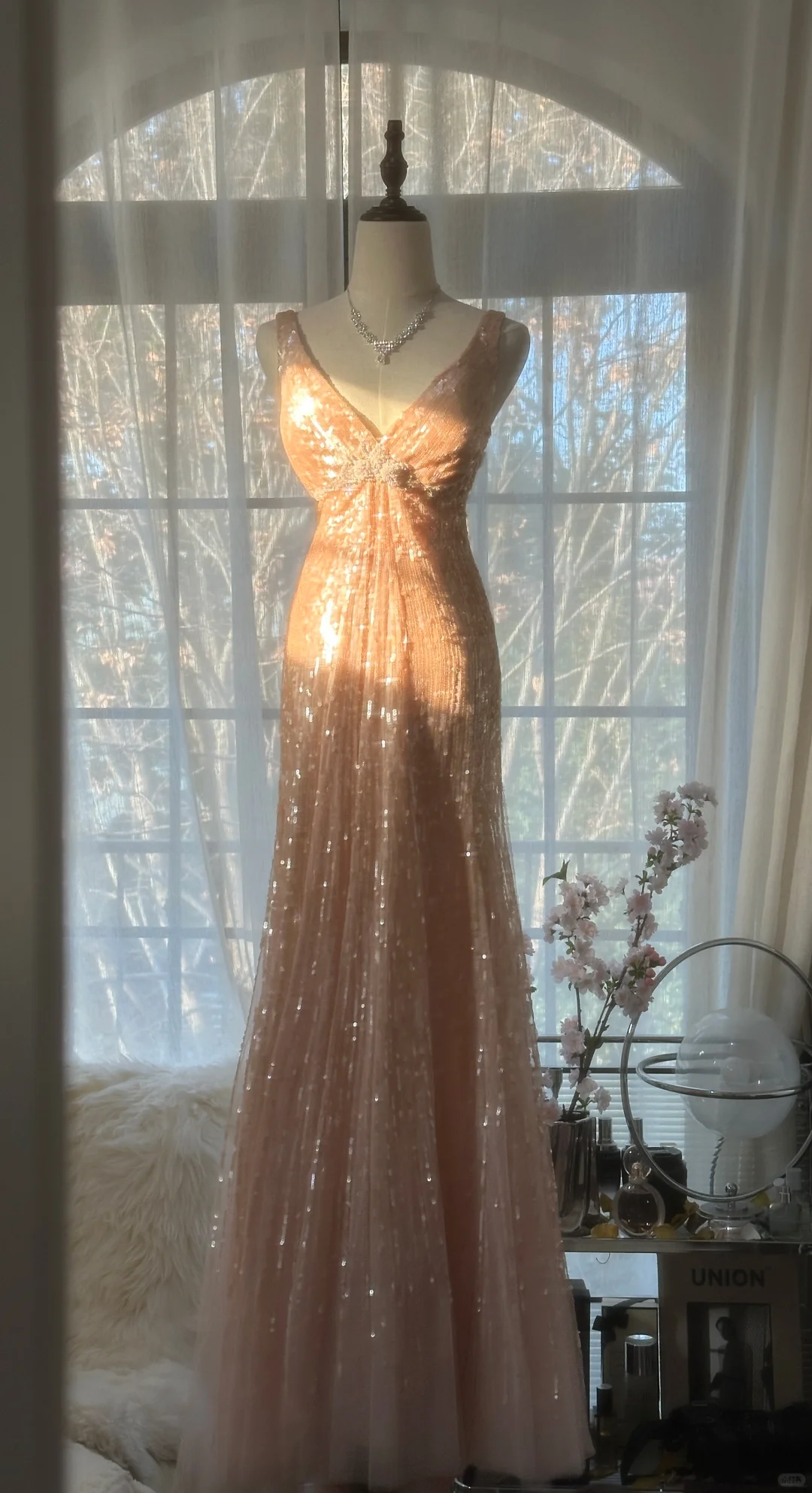 Vintage Champagne Sparkling Sequin Design Romantic Chiffon Evening Dress Prom Dress TP4015