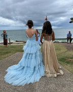 Charming A Line V Neck Light Blue Tulle Long Prom Dresses Formal Gown