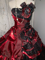 uschichubs-Burgundy-Black Paneled Shiny Satin Strapless Sleeveless Floor-Length Gothic Ball Gown gh6317