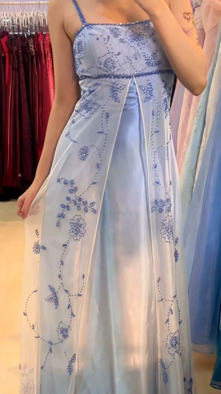 Blue And White Gradient Beaded Long Prom Dress Evening Dress fg8223