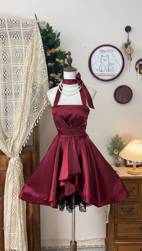 Vintage Romantic Burgundy Design A-line Satin Elegant Homecoming Dress Birthday Dress Party Dress TP4177