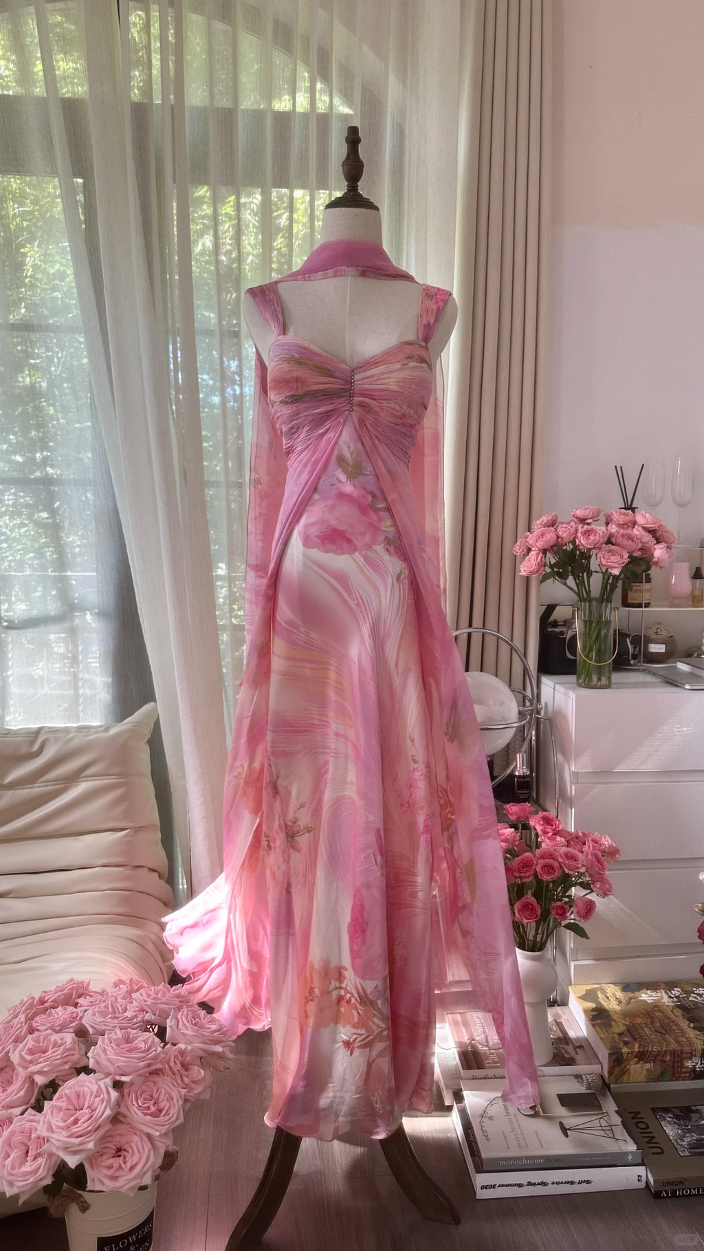 Retro Pink Sweetheart Floral Elegant Design A-line Romantic Chiffon Evening Dress Prom Dress TP4003