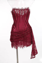Sexy Burgundy Strapless Lace Sheath Short Cocktail Dress Hoco Dresses