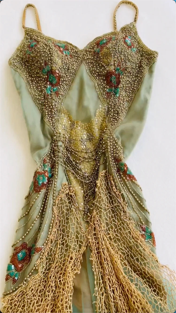 Vintage Green Beaded Chiffon Embroidery Prom Dress A-Line Spaghetti Strap Evening Dress Long Formal Dress TP4688