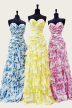 Elegant Floral Printed Tiered Long Formal Dress with Slit