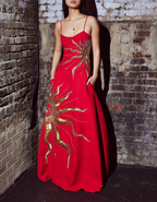 Gorgeous Spaghetti Straps Red Satin With Gold Sequin Long Party Dress Evening Dress D1387