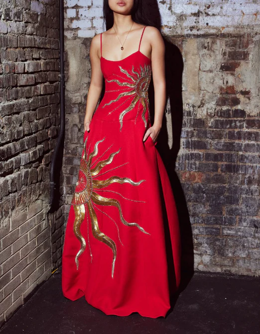 Gorgeous Spaghetti Straps Red Satin With Gold Sequin Long Party Dress Evening Dress D1387