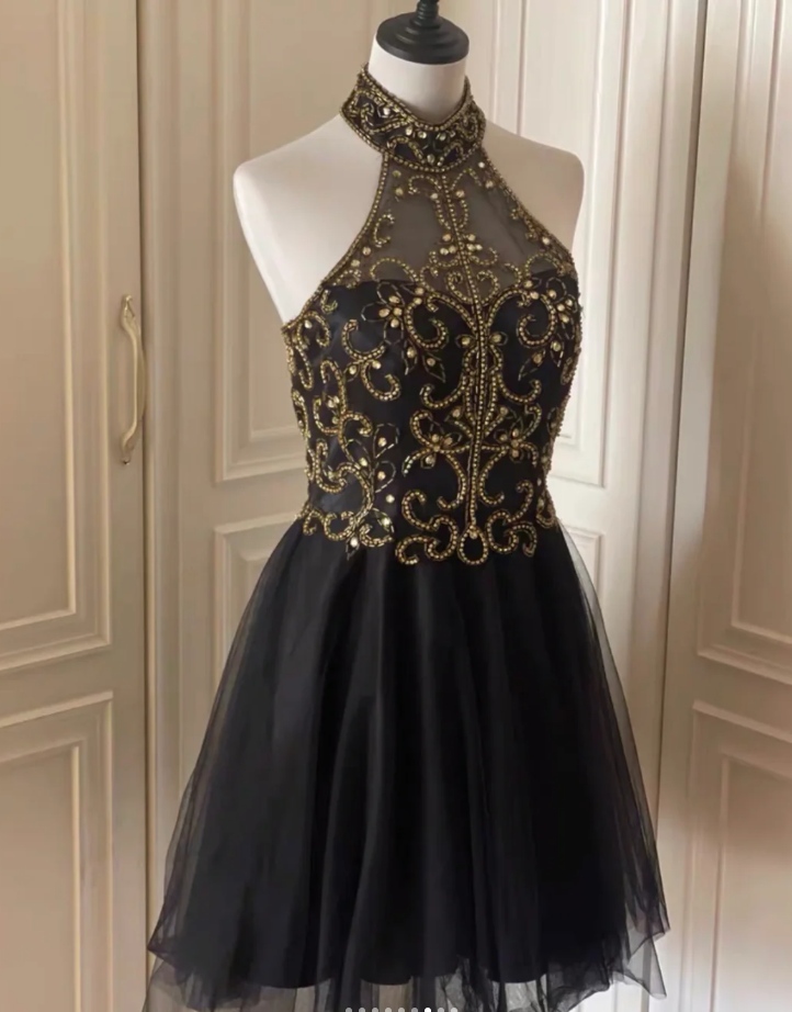 Stylish Halter Tulle Beaded A Line Homecoming Dress Black Sleeveless Birthday Dress Cocktail Dress S544