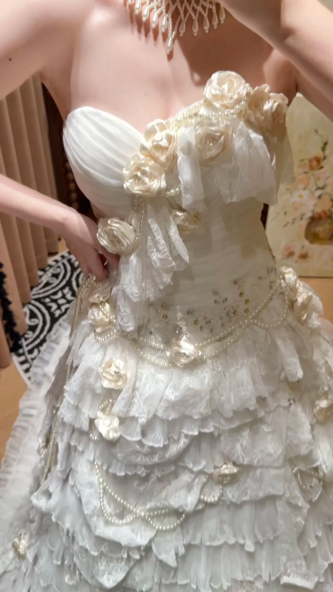 Romantic Vintage Strapless Ruffled Lace 3D Florals Pearl Details Tiered Wedding Dress TP5322