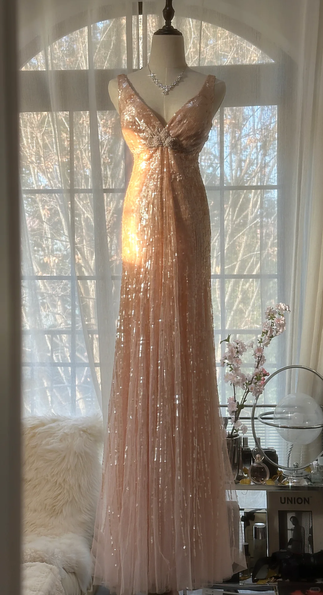 Vintage Champagne Sparkling Sequin Design Romantic Chiffon Evening Dress Prom Dress TP4015