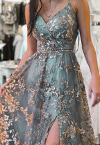 A-line Tulle Straps Sequins Lace Prom Dress Split Evening Dress
