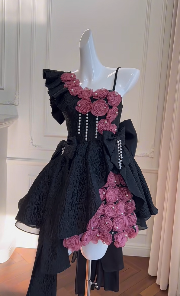 Uniques Rose Flowers Black Off The Shoulder Homecoming Dress A Line Birthday Dress  S485