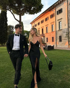Black Backless Prom Dress Floor Length Party Gowns With Slit