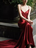 Burgundy V-Neck Beaded Party Dress, Spaghetti Straps Senior Prom Dress