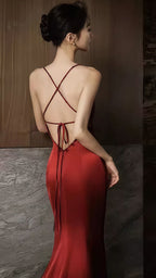 Burgundy V-Neck Beaded Party Dress, Spaghetti Straps Senior Prom Dress