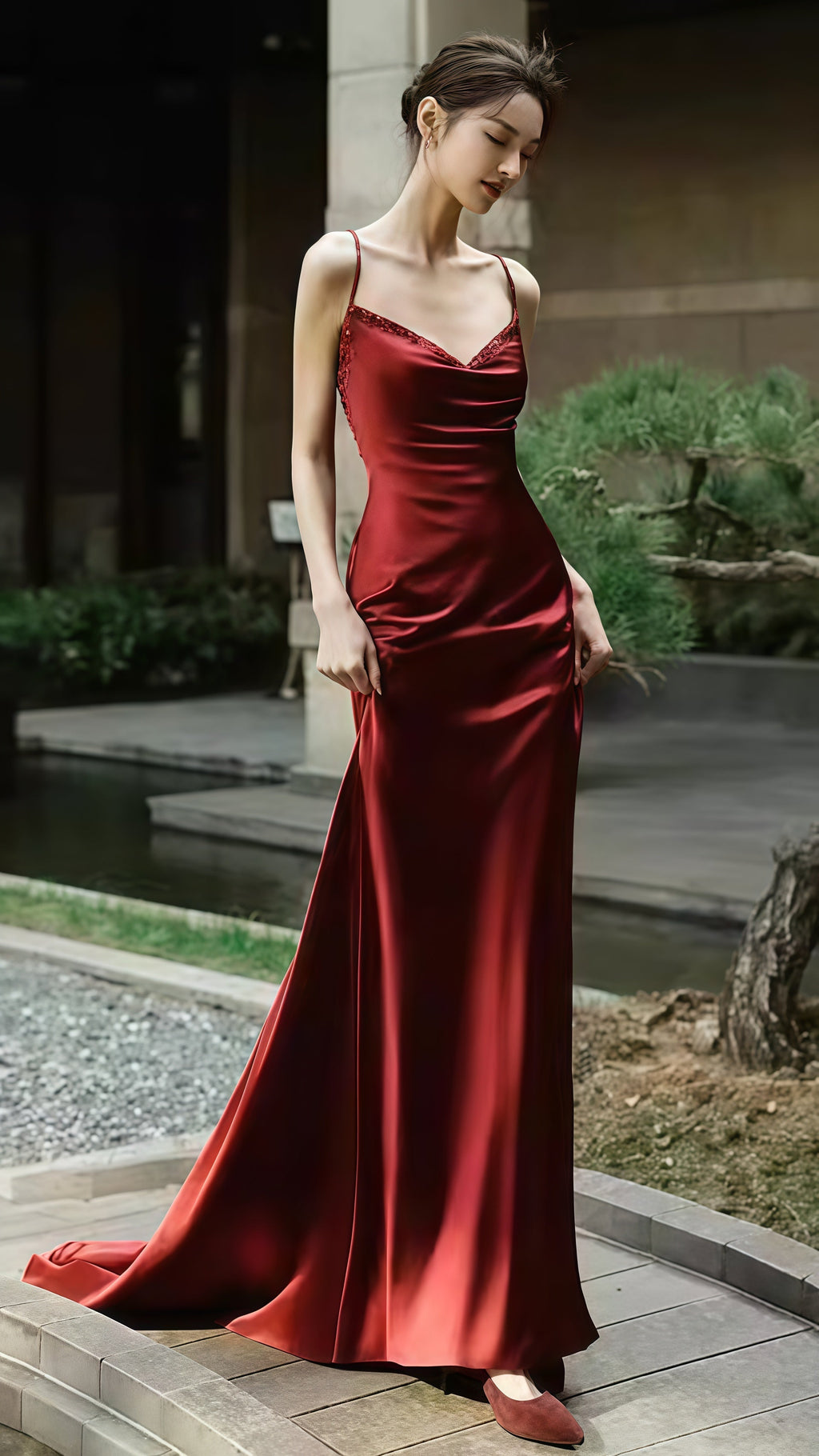 Burgundy V-Neck Beaded Party Dress, Spaghetti Straps Senior Prom Dress
