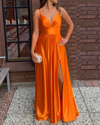 Spaghetti Straps V Neck Prom Dresses Satin Leg Slit