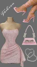 Chic Shiny Pink Sequin Homecoming Dress Strapless Party Dress Short Sheath Cocktail Dress TP4666